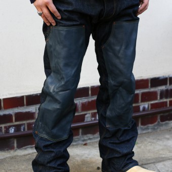 LEATHER-FRONT DENIM PANTS