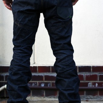 LEATHER-FRONT DENIM PANTS